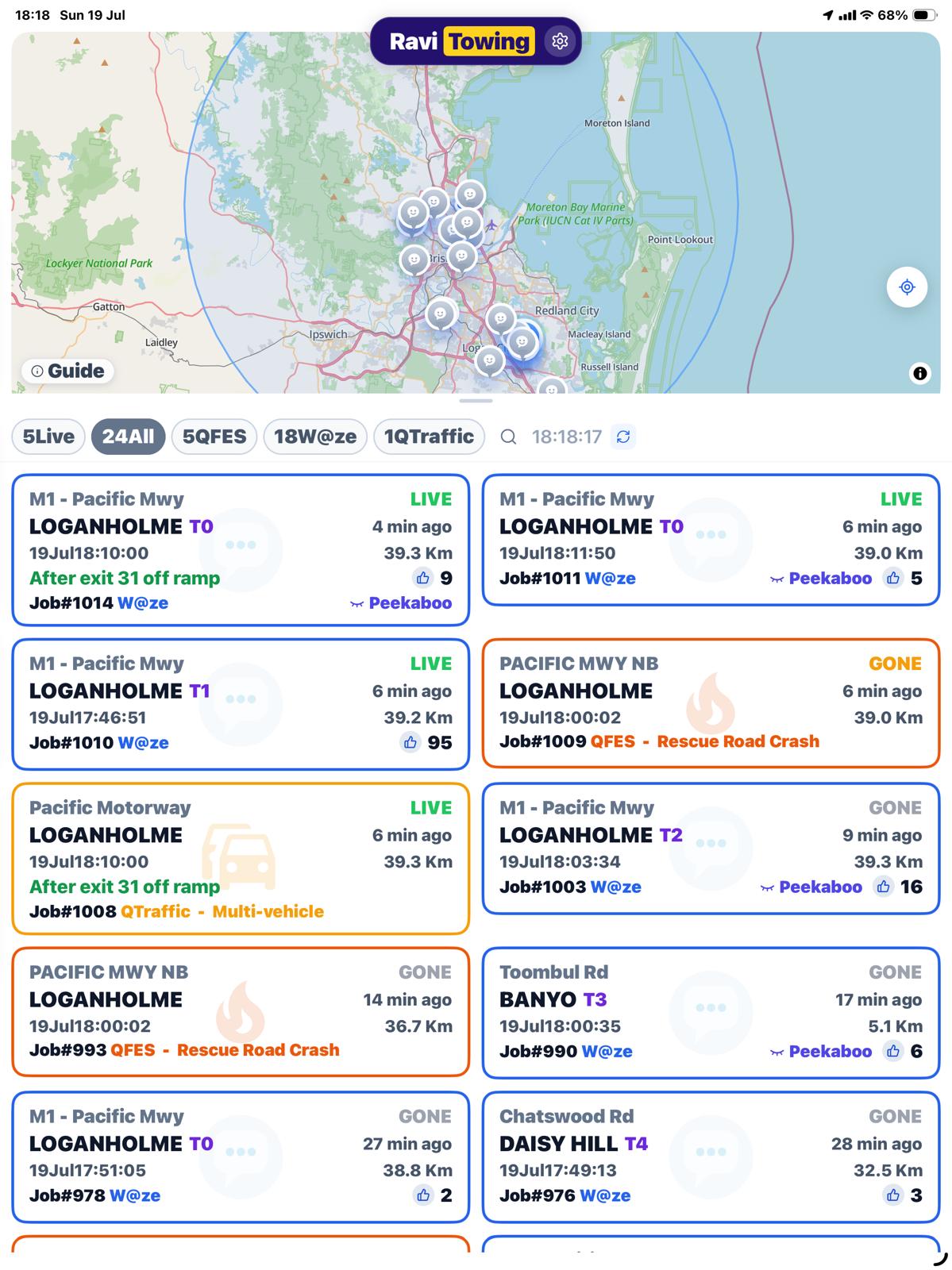 Ravi Towing tablet — incident map and leads list