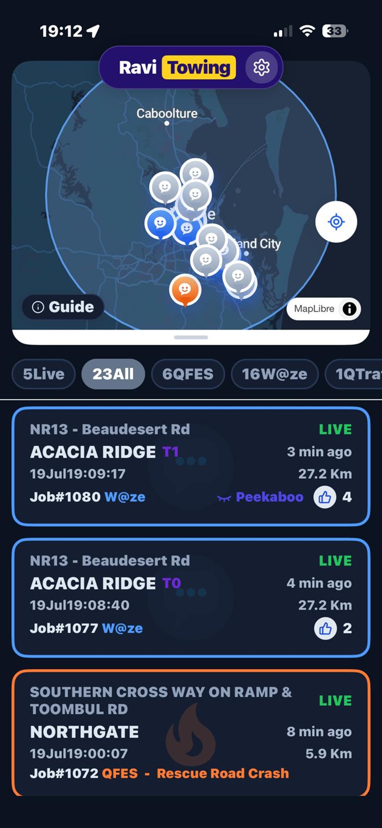 Ravi Towing mobile — dark mode home screen