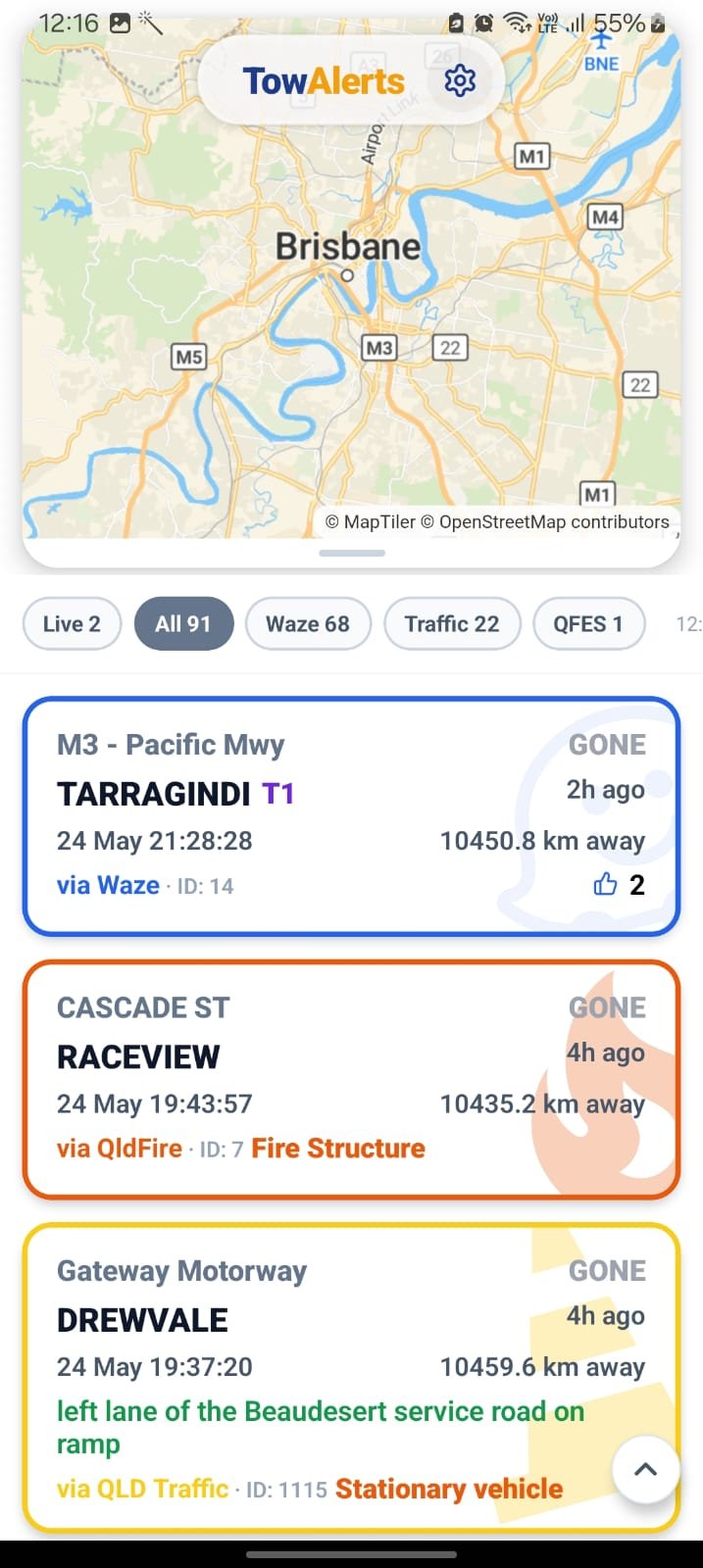 Ravi Towing mobile — incident cards